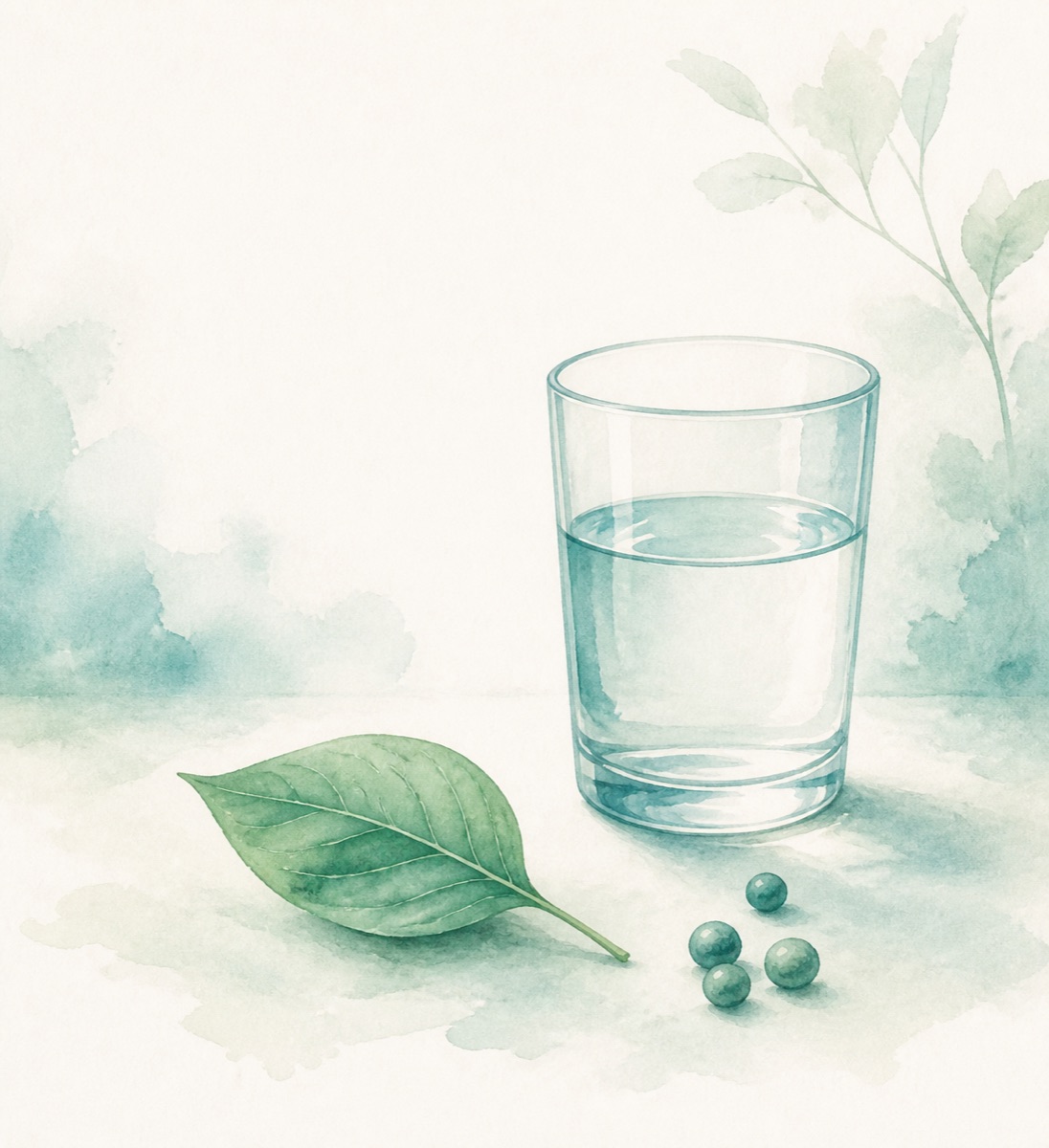 A calm watercolor still life of a glass of water, a green leaf and a few seeds — evoking simple daily nourishment and logging.